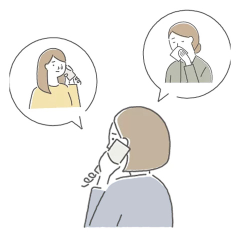 電話で家族葬の相談をする女性と泣く親族の吹き出し、朝霞市葬儀社 アトラスの朝霞市での案内